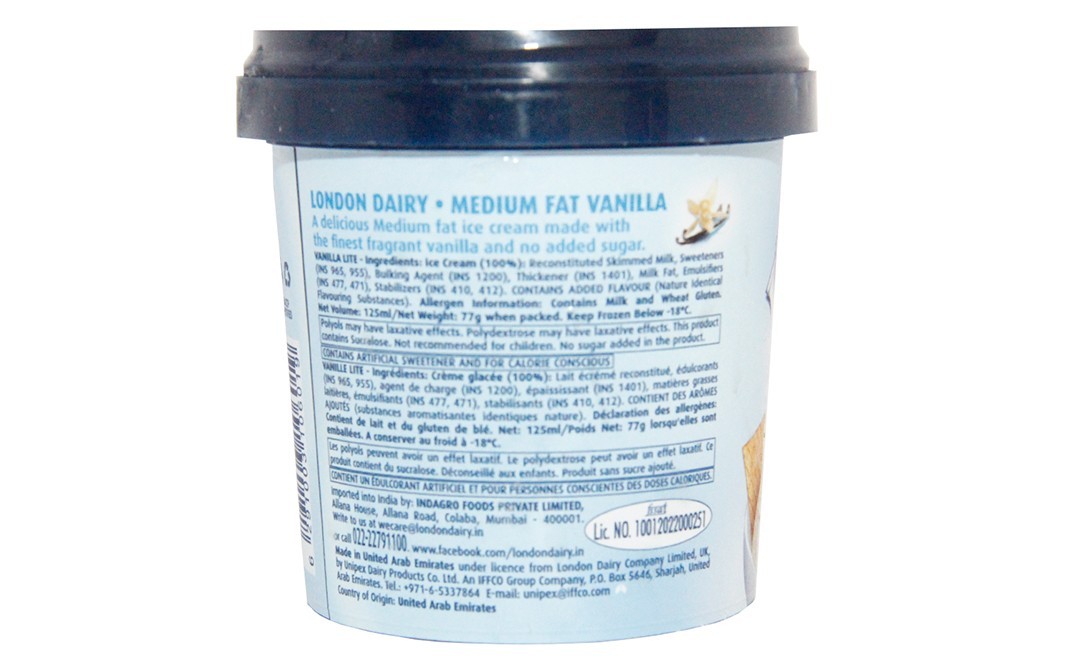 London Dairy Lite Ice Cream Vanilla No Added Sugar   Cup  125 millilitre